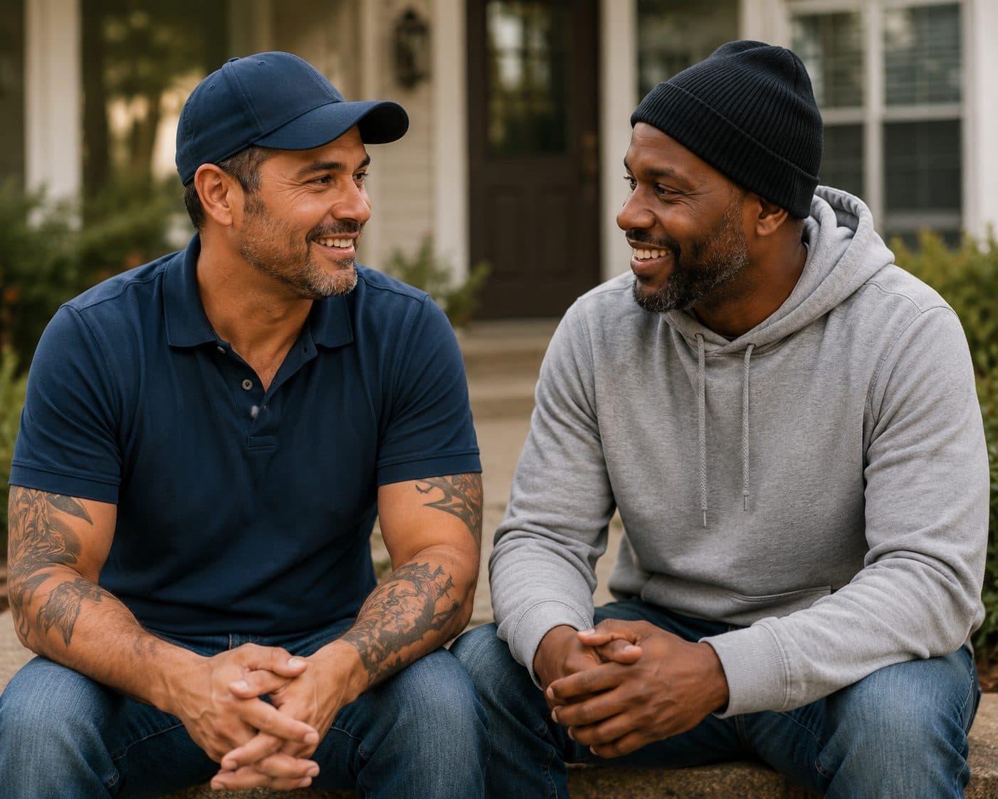 Two men sitting together on front steps, talking and smiling